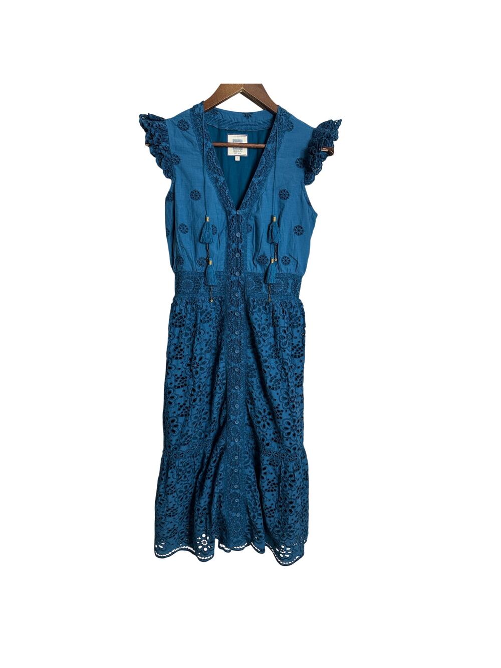 Bell by Alicia Bell Peacock Blue Eyelet Embroidered Midi Dress Tassel Womans S